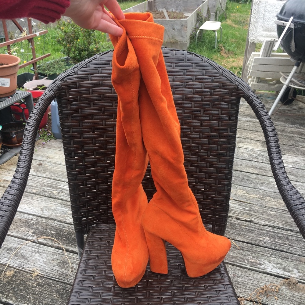Orange Suede Platform Thigh High Boots